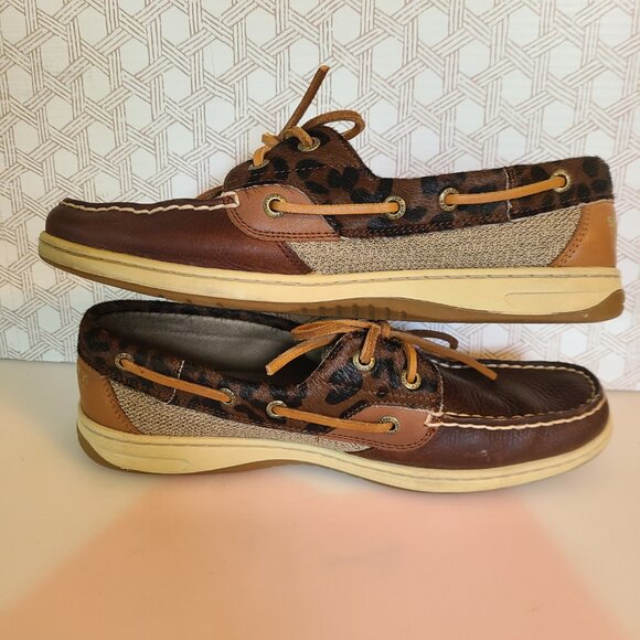 Sperry Top Sider Women's Boat Shoes Size 9 Leather Brown Tan Leopard Print - Picture 8 of 11